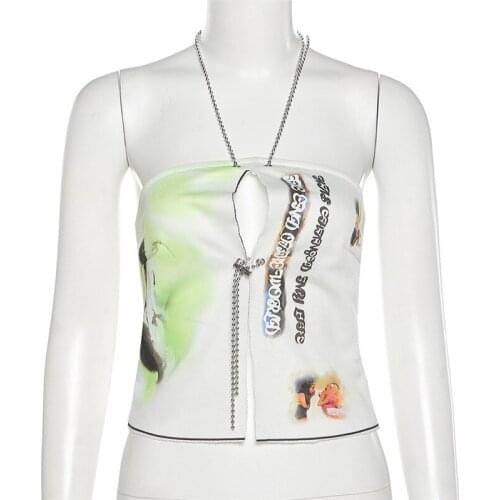 Summer new womens sexy self-cultivation navel fashion printing chain halter top women