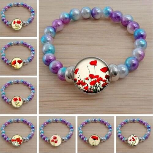 Poppy Red Flower Colorful Bead Bracelet Glass Cabochon Jewelry