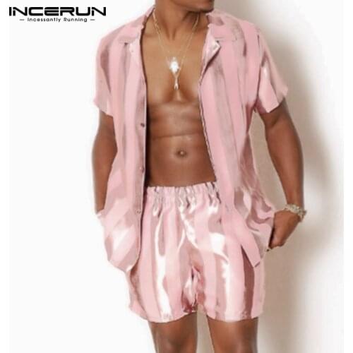 Fashion Men Striped Sets Shiny Short Sleeve Shirt Elastic Waist Shorts 2 Pieces Streetwear 2021 Men Casual Suits S-5XL INCERUN 7