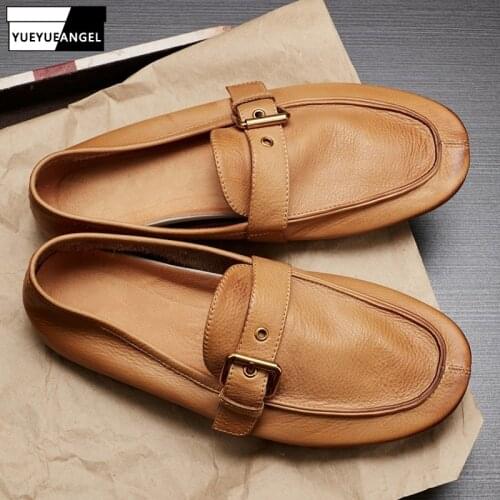 Men Luxury Business Loafers Genuine Leather Brown Flat Casual Shoes Top Quality Breathable Office Slip-On Driving Shoes Trainers