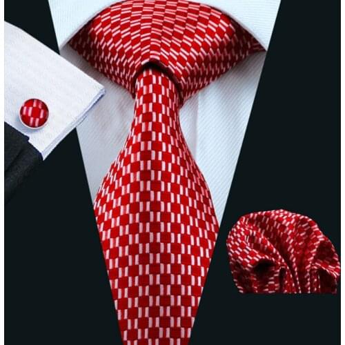 LS-569 2016 Men`s Tie 100% Silk Red Novelty Geometric Jacquard Woven Tie+Hanky+Cufflinks Set For Formal Wedding Business Party