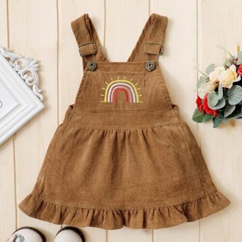 Toddler Girls Round Collar Dresses , Baby Sleeveless Rainbow Printing Dress, Solid Color Corduroy One-piece