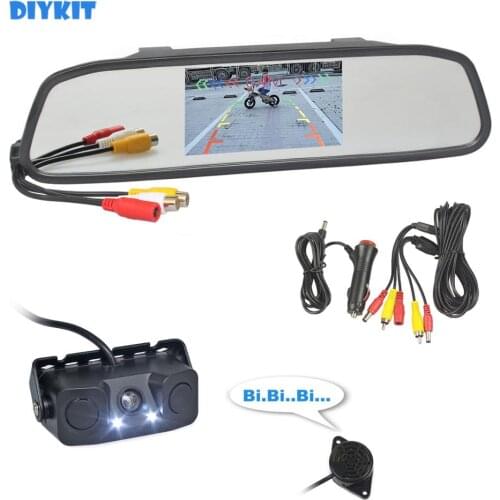 DIYKIT Auto Speaker Parking Monitor System Video Parking Radar Sensor LED Night Vision Car Camera + 4.3 inch Car Mirror Monitor