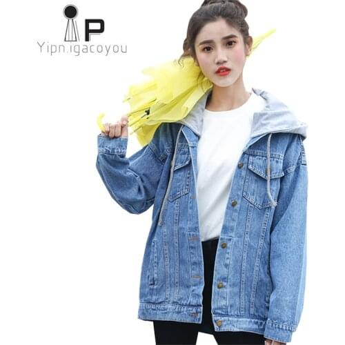 Spring Denim Jacket For Women 2021 Big Size Korean Style Women Jeans Jacket Ladies Hooded Splice Long Sleeve Casual Ladies Coat