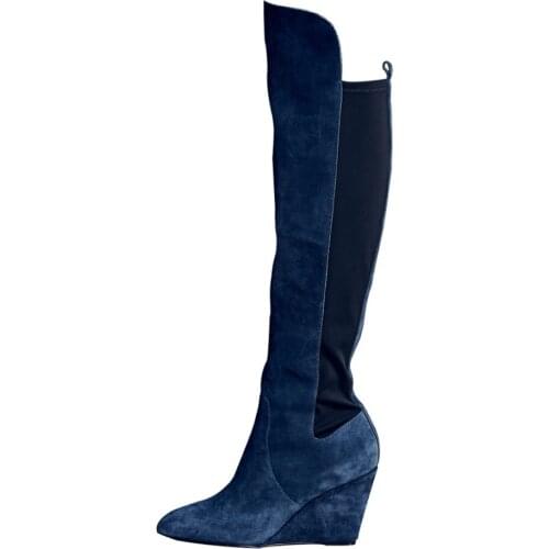 Chaussures femme blue suede leather platform boots stretch long over the knee botines autumn winter shoes woman female wedge