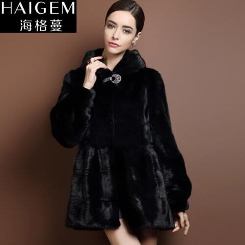 Women real mink fur coat in long skirt with long sleeve hooded jacket female winter medium long marten outerwear