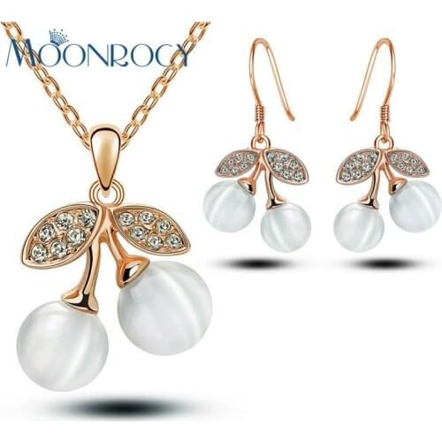 MOONROCY Free Shipping Rose Gold Color Cherry Cubic Zirconia Crystal Opal Jewelry Set Necklace and Earrings for Women Gift