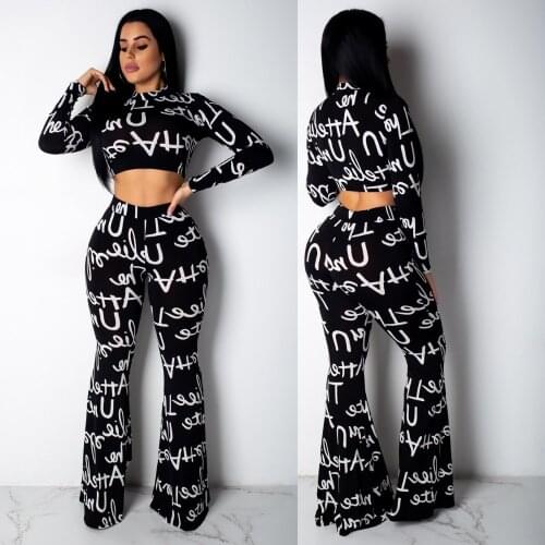 Women letter print tracksuit o neck crop top and flare pants suit summer 2 pieces outfits for women SCY1120
