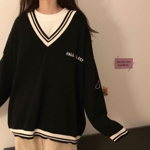 Sweaters Women Ulzzang Letter Chic Vintage V-neck Daily Oversize Girls Pullovers Student Fall Casual All-match Ins Women Sweater