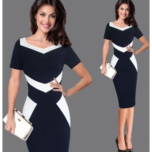 MISSJOY Sexy Business dress for women office summer Short Sleeve Knee Length Ladie bodycon Pencil wear to Work Midi dresses 2019
