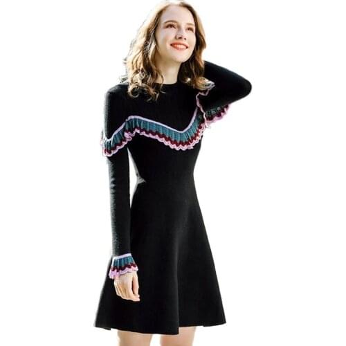 Fashion Knit Dress Women Autumn Winter Ruffles Long sleeve Pullover Sweaters A-Line Dress Students Casual Tops Slim Dresses H676