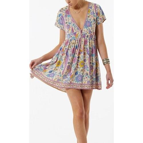 Summer Vintage Birds Floral Print Casual Boho Mini Dress 2021 Women V-Neck Short Sleeve Beach Dresses Vestidos Mujer