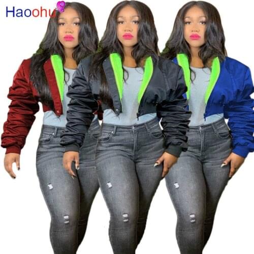 HAOOHU Neon Green Black Color Winter Down Jacket Women Coat Warm Plus Size Stacked Long Sleeve Outwear Winter Cropped Parkas
