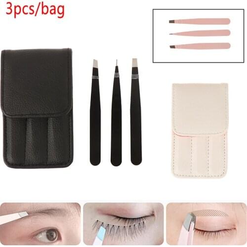 3Pc Eyebrow Tweezers Stainless Steel Point Tip/Slant Tip/Flat Tip Removal Makeup