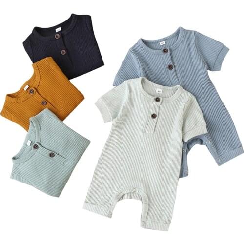 5 Colors Newborn Baby Boys Girls Ribbed Knitted Jumpsuits Short Sleeve Button Rompers One-Piece Toddler Infant Clothes Outfits