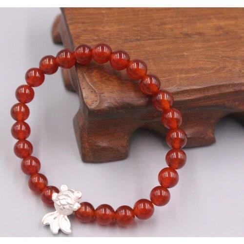 New Pure Solid 925 Sterling Silver Bracelet 15x9mm GlodFish 6mm Red Agate Beads Link Chain Bracelet