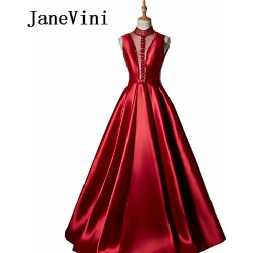 JaneVini 2018 Red Beading Long Bridesmaid Dresses A-Line High Neck Sleeveless Floor Length Plus Size Wedding Guest Dress Formal