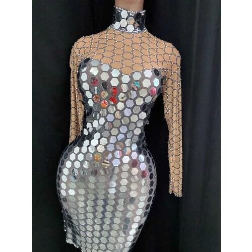 Sparkly Mirror Reflective Dress Women Nightclub Dj Singer Dancer Stage Costume Rhinestone Party Celebrate Rave Outfits VDB3700