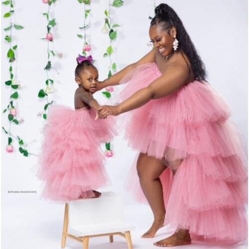 Sweet Pink Puffy Hi Low Tiered Ruffle Tulle Tutu Skirt Custom Made Birthday Party Photography Shoot Tulle Skirt Mother&Kids Wear