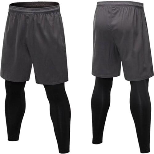 Mens Fake Two-piece Tight Pants Running Fitness Drawstring Sweatpants Elastic Quick-drying Trousers Running Sport X668B