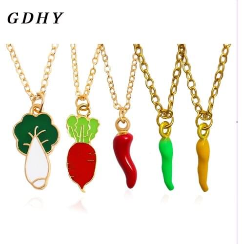 GDHY Handmade Chili Cabbage Radish Necklace Vegetables Pepper Pendant Necklace For Women Alloy Resin Choker Party Jewelry Gift