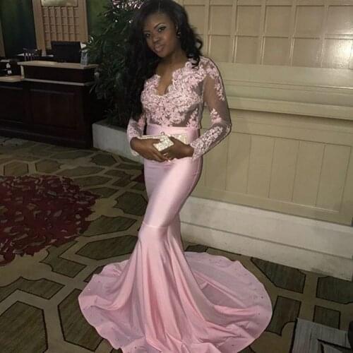 Pink African Mermaid Prom Dresses Long 2021 gala jurken Long Sleeve Imported Party Dress Custom Made Formal Evening Gowns
