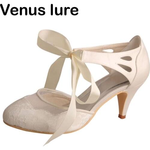 Mid Heel Mary Jane Court Shoe Women Wedding Lace up Bride Pumps Closed Toe
