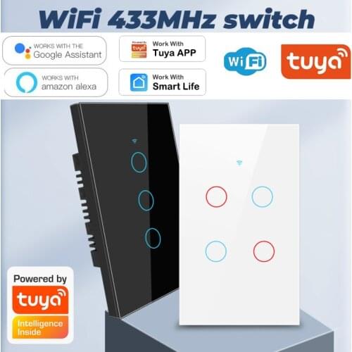 1/2/3/4 Gang Tuya WiFi+433MHZ Smart Touch Switch Home Light Wall Button Support Alexa And Google Home US Standard Smart Switch