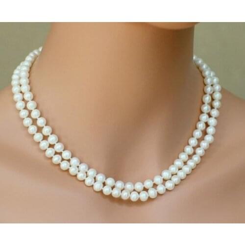 Unique Pearls jewellery Store 2 Rows White Color Round Genuine Freshwater Pearl Necklace Wedding Gift Fine Jewelry