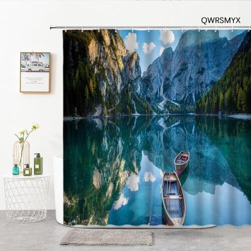 Boat Mountains And Lakes Landscape Shower Curtains Fabric Hooks Natural Scenery Bath Curtain Home Household Toilet Decor Cloth