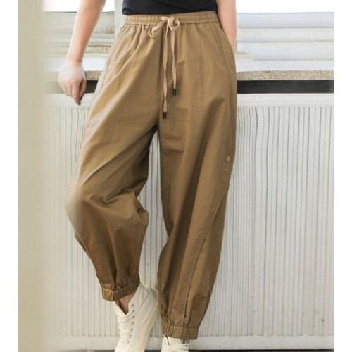 2021 Summer Autumn Women Drawstring Elastic Waist Lantern Pantalon Loose Thin Solid Ankle-Length Pant Long Wide Leg Trousers