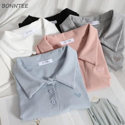 T-shirts Women Embroidery Preppy Style Turn-down Collar Kawaii Students Japan Cozy All-match Leisure BF Ulzzang Female Tops New