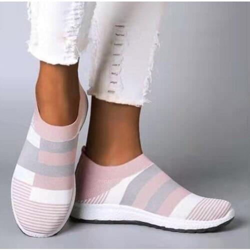 Women Sneakers Knit Sock Shoes Plus Size Breathable Slip On Female Mixed Color Casual Flat Shoes Mesh Trainers Running Outdoors