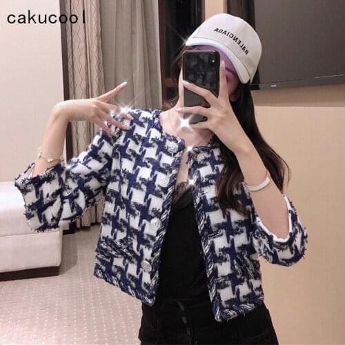 Cakucool Women Autumn Woolen Knit Short Jacket Long Sleeve Slim Plaids Shiny Lurex Office Korean Sweet Cardigan Overcoat Female