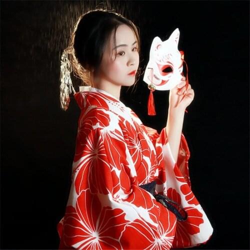 Womens Kimono Hibiscus Print Long Dress 2 Colors Belt Long Sleeve Bow Design Japanese Style Maxi Robe Slim Lacing Yukata Sweet