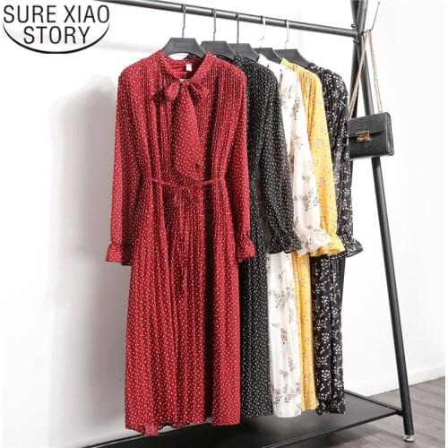 2021 New Fashion Floral Vintage Elegant Clothes Spring Lady Chiffon Dress Korean Long Sleeved Print Pleated Dress Robe 8538 50