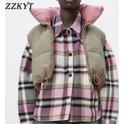 ZZKYT 2021 Women Winter Fashion Solid Cotton Cropped Waistcoat Vintage Sleeveless Zipper Double-Sided Warm Female Outerwear Tops