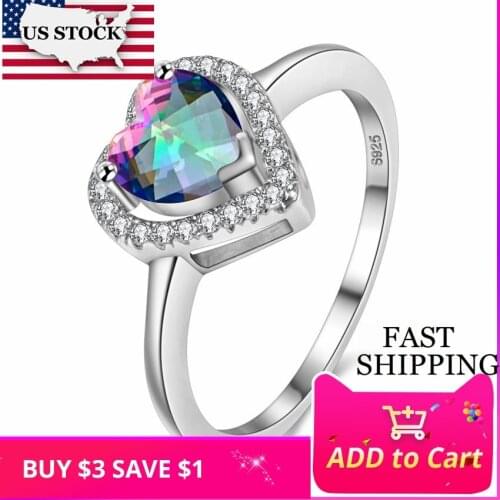 US STOCK 7 Colors Silver Color Wedding Colored Ring with Stones Engagement Heart Rings for Women Sale Jewellery Uloveido Y3130