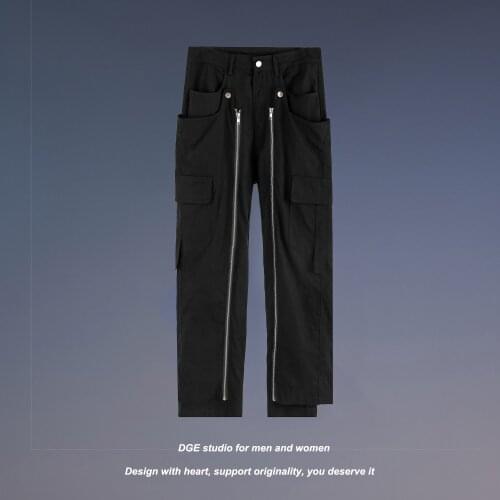 Mens Ins High Street Straight Zipper Patchwork Casual Pants Loose Black White Long Trousers L4