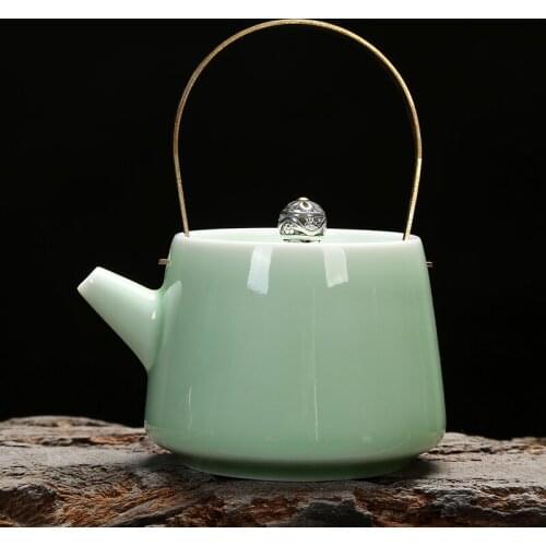 Celadon Teapot Porcelain Kung Fu Tea Set Little Teapot Loop-Handled Teapot Zi-Qing Mei Pink Green Teapot Small Single Teapot