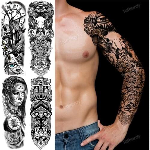 Black Tribal Totem Temporary Tattoo For Men Women Fake Wolf Tiger Lion Death Skull Sleeve Tattoo Sticker Geometric Full Arm Tato