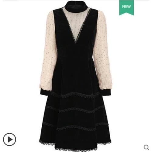 Black velvet frock for womens new autumn/winter 2019 faux two-piece dress with matching bodice