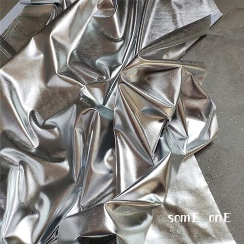 Stretch Spandex Fabric Imitation Leather Silver PU Coating Waterproof DIY Patchwork Tights Coat Dress Designer Fabric