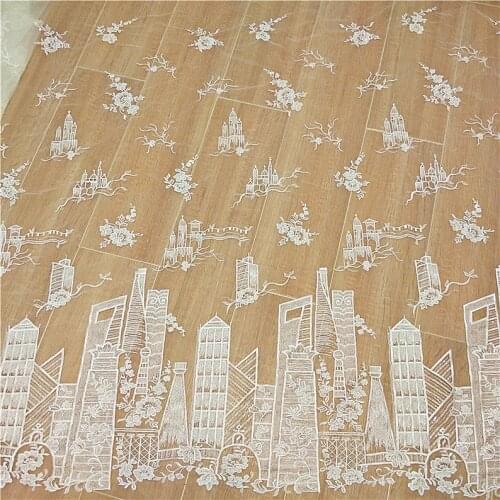 Elegant Ivory Building Flower Lace Fabric Tulle Exquisite Flower Embroidery Sequins Dress Bridal Lace Veil 51" width 1 yard