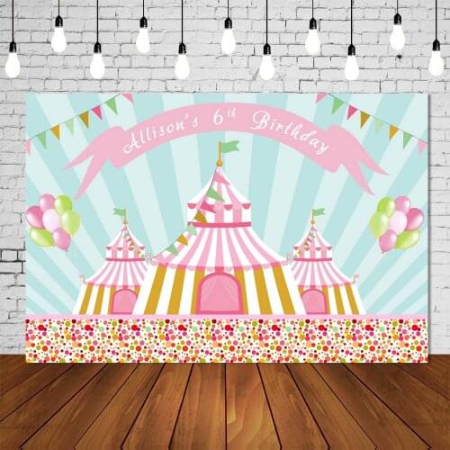 Custom Backdrop Of CIRCUS Big Top Themed Carnival Clown Girl Birthday Party Banner Pink Tent Fun Fair Photography Background
