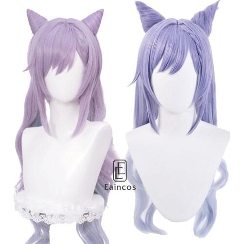 Game Genshin Impact Keqing Cosplay Wigs Ponytail Mixed Purple Wig with Ears Heat Resistant Synthetic Hair