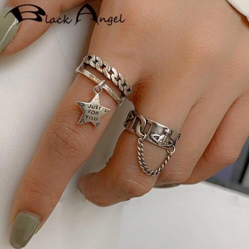 BLACK ANGEL Personality Five-Pointed Star Creative Chain Tassel Rings 925 Sterling Silver for Women Student Punk Jewelry Gifts