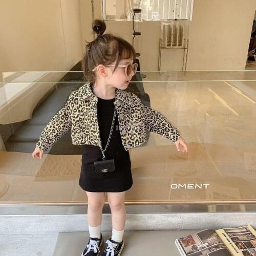 Girls Leopard Print Suit Set 2021 Korean Autumn Children Long-sleeved Jacket + Knitted Slim Dresses 2pcs Clothing Set