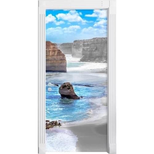 Creative Door Sticker Seaside Stones Door Mural Door Cover Wall Stickers Kitchen Wallpaper Renew Mural Decal Kids Home Decor