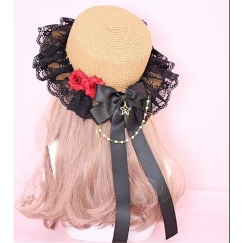 Girl Summer Straw Hats Women Beach Sun Hat Lolita Lace big Bow Ribbon Flat Top hat B1034